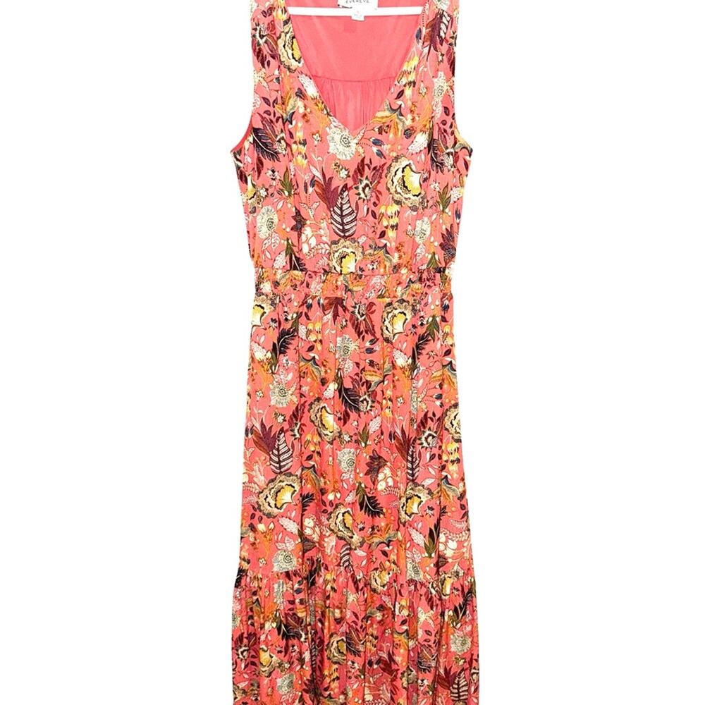 EVEREVE Brielle Floral Midi Dress Small Coral Sleeveless Smocked Pockets - Picture 2 of 3